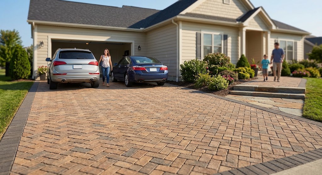 Driveway pavers installation in a front yard with a parked car and house.